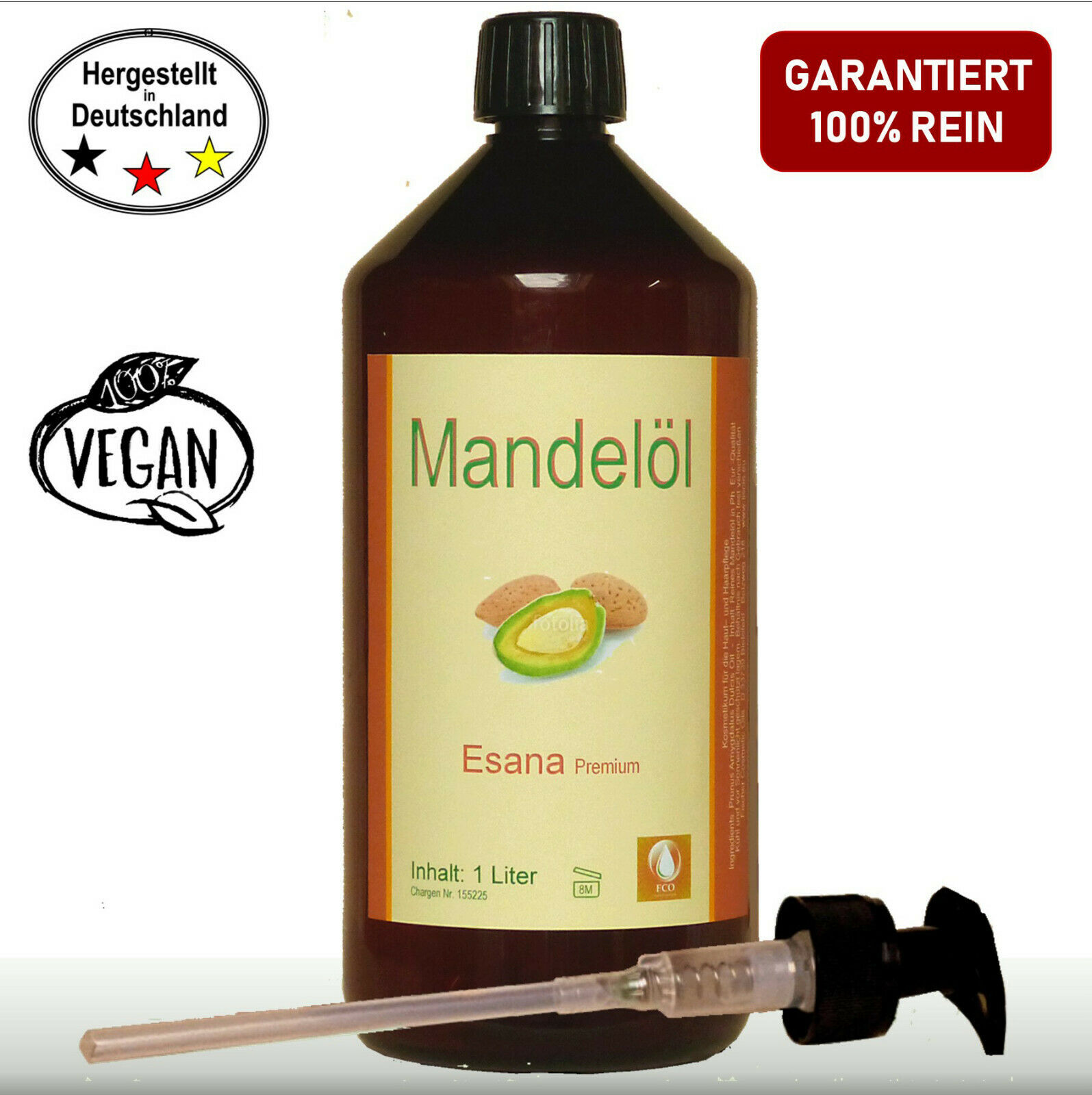 Mandelöl 1 Liter 1000ml Reines Qualitäts-mandelöl F. Hautpflege, Kosmetik +pumpe